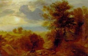 A Shepherd With His Flock In An Extensive Landscape At Sunset by Ramsay Richard Reinagle