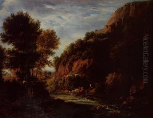 A Rocky River Landscape With A Cowherd Watering His Livestock, A Castle Perched On A Hilltop Beyond by Ramsay Richard Reinagle