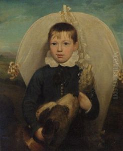 Portrait Of A Young Boy In A Blue Jacket Holding A Kite With A Dog By His Side In A Landscape