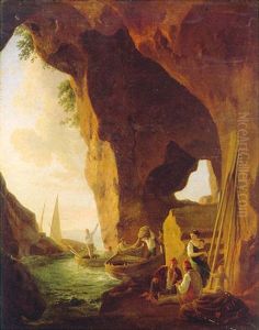 A Rocky Mediterranean Cove With Fishermen Unloading Their Rowing Boats And Mending Their Nets