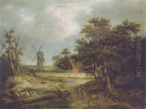 A Wooded Landscape With A Countryman And A Young Girl Approaching A Stream Where A Cow Is Watering by Ramsay Richard Reinagle