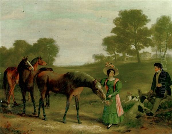 Charles Mundy And His Daughter, Miss Sophy Mundy, With Favorite Horses, In The Grounds Of Burton Hall, Leicestershire - view 1