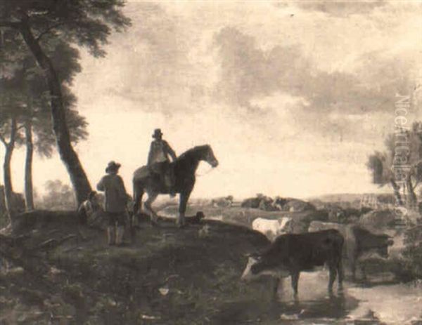 Cattle Watering In A Wooded River Landscape With Figures Resting - view 1