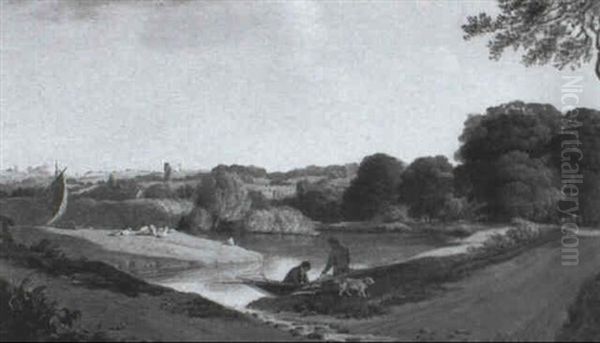 River Landscape With Fishermen In The Foreground - view 1