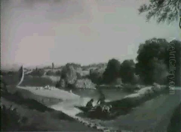 River Landscape With Fishermen In The Foreground And A Distant View Of A House - view 1