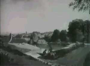 River Landscape With Fishermen In The Foreground And A Distant View Of A House by Ramsay Richard Reinagle