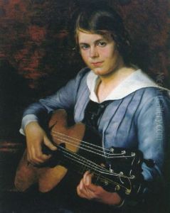 Portrait Eines Jungen Madchens In Blauem Kleid Mit Saiteninstrument by Joseph Reiner