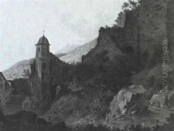 Anischt Von Schloss Gondorf An Der Mosel, Im Vordergrund    Hirte Mit Ziegen Und Schafen - view 1
