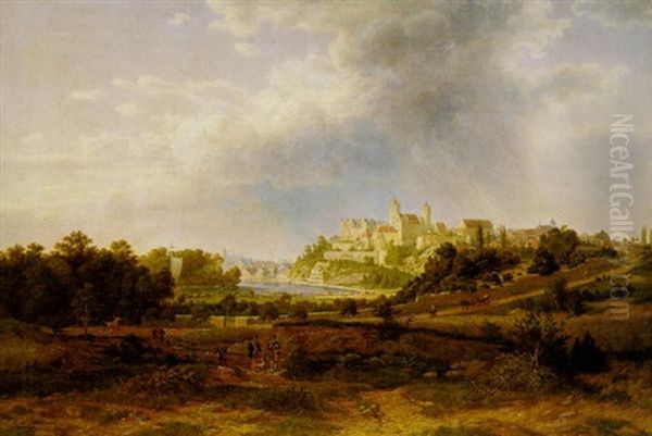 Blick Auf Bernburg/saale Mit Der Hochgelegenen Stadt Und Dem Anhaltinischen Residenzschloss, Im Vordergrund Eine Jagdpartie - view 1