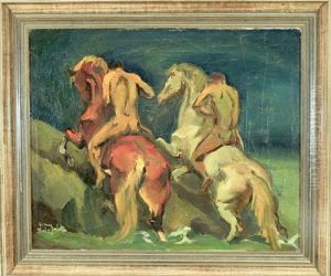 Zwei Nackte Reiter Treiben Ihre Pferde Bergauf by Franz Reinhardt the Elder