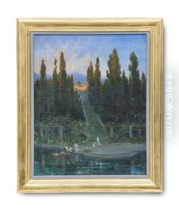 Sudliche Landschaft Mit Blumen Bringenden Figuren Vor Hohen Zypressenbaumen, Daruber Ein Tempel Im Abendlicht