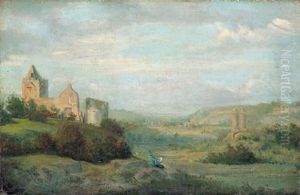 Landschaft Mit Blick Auf Eine Ruine Und Einen Zeichner