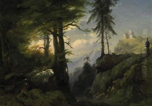 Sommer Im Hochgebirge. Blick Von Einer Schattigen Anhohe Auf Eine Sonnen Beschienene Bergstation by Carl August Reinhardt