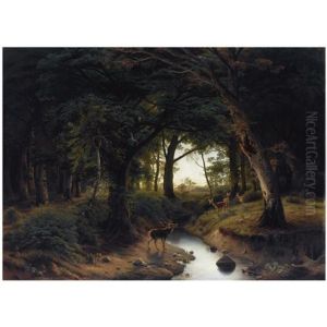 A Stag Calling To Does Across A Stream by Johann Jacob Reinhardt