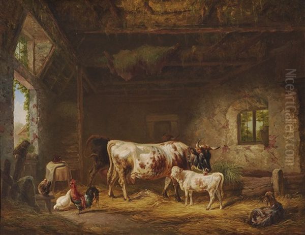 Cows And Chickens In The Barn - view 1