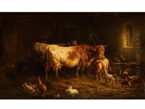 Stallinneres Mit Zwei Kuhen, Schafen, Zicklein, Huhnern Und Kaninchen by Louis (Ludwig) Reinhardt
