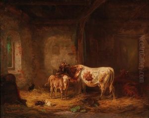Cows And Rabbits In The Barn by Louis (Ludwig) Reinhardt