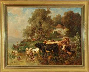 Seeuferszene Mit Kuhen Und Ruderboot