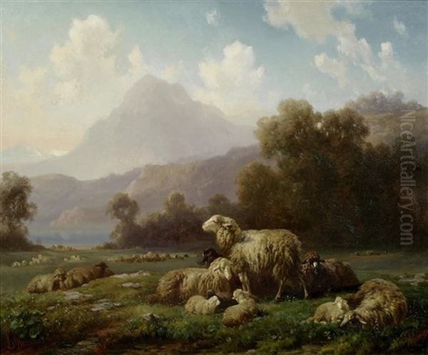 Sheep Resting, A Mountainous Landscape Beyond - view 1