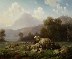 Sheep Resting, A Mountainous Landscape Beyond