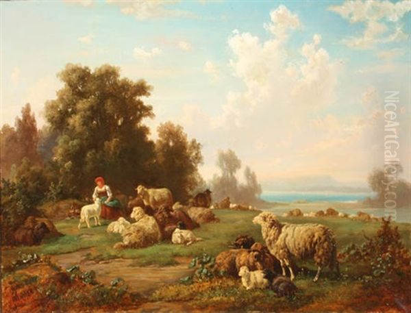 Shepherdess With Sheep - view 1