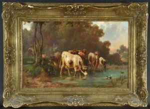 Kuhe An Wasserstelle In Baumlandschaft by Louis (Ludwig) Reinhardt
