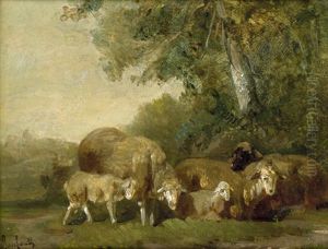 Ruhende Schafherde Unter Einem Baum by Louis (Ludwig) Reinhardt
