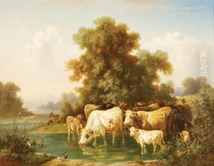 A Farmer Watering Livestock by Louis (Ludwig) Reinhardt