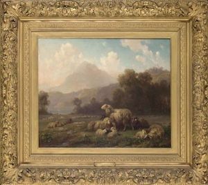 Sheep Grazing, A Mountainous Landscape Beyond