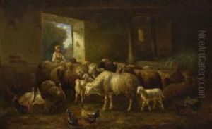Schafe Und Huhner Im Stall by Louis (Ludwig) Reinhardt