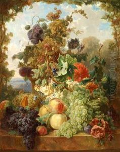 Opstilling Med Frugter Og Blomster Pa En Karm Opstilling Med Frugter Og Blomster Pa En Karm