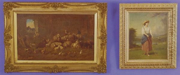 Barn Scene With Sheep, Chickens, Rabbits, Birds, A Man And A Woman - view 1