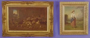 Barn Scene With Sheep, Chickens, Rabbits, Birds, A Man And A Woman by Louis (Ludwig) Reinhardt