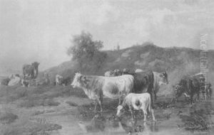 Cattle Watering In A Pasture by Louis (Ludwig) Reinhardt