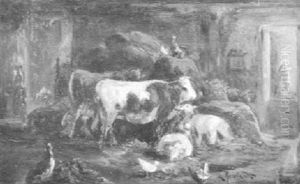 Kuhe Und Huhner Am Futtertrog by Louis (Ludwig) Reinhardt
