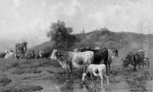 Cattle Watering By A Stream by Louis (Ludwig) Reinhardt