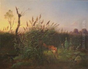 A Fox Eying Ducks In A Marsh by Wilhelm Reinhardt
