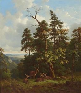 Rotwild Auf Einer Waldlichtung In Vorgebirgslandschaft by Wilhelm Reinhardt