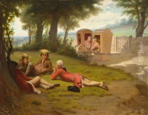 Gossip Of Ye Olden Time, Groups Of Men And Women Conversing In A Landscape by Benjamin Franklin Reinhart