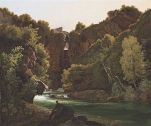 A View Of Tivoli, With A Traveller Resting On The Bank In The Foreground by Johann Christian Reinhart