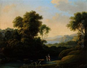 Klassische Landschaft Mit Zwei Hirtinnen Mit Herde An Einer Furt