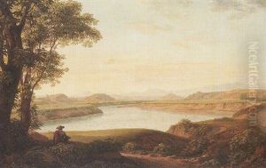 Italian River Landscape At Dusk, With A Huntsman Resting