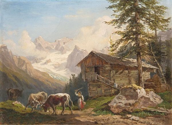 Almhutte Mit Sennerin Und Kuhen - view 1