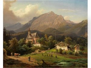 Blick Auf Ein Gebirgsmassiv Mit Davorliegender Kapelle Und Bauernhof Sowie Staffagefiguren Blick Auf Ein Gebirgsmassiv Mit Davorliegender Kapelle Und Bauernhof Sowie Staffagefiguren