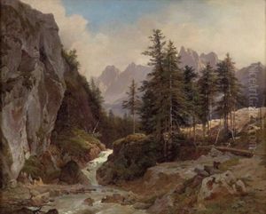 Kleiner Wasserfall Mit Blick Auf Hochgebirge