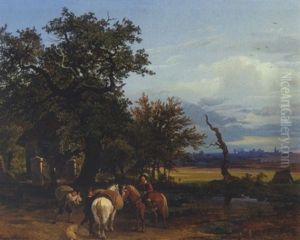 Landschaft Mit Reiter Und Knechten, Die Ein Pferd Bepacken