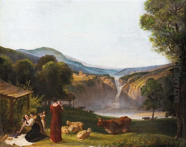 Zwei Mutter Mit Kindern Vor Heroischer Landschaft Mit Wasserfall - view 1