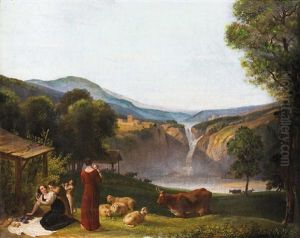 Zwei Mutter Mit Kindern Vor Heroischer Landschaft Mit Wasserfall