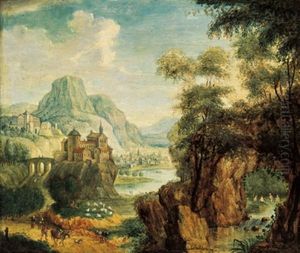 Gebirgige Flusslandschaft Mit Einer Burg Und Figuren by Friedrich Philipp Reinhold