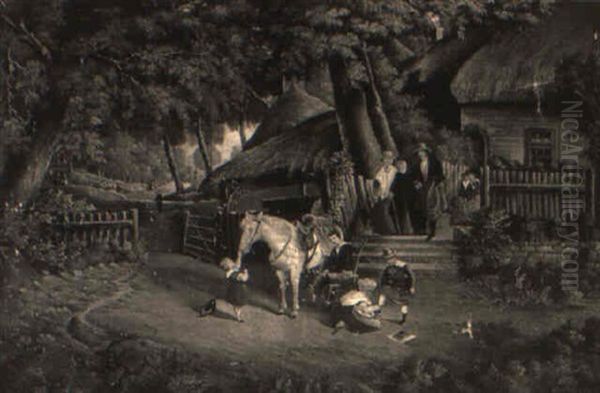 A Family Outside A Cottage Preparing For The Departure - view 1